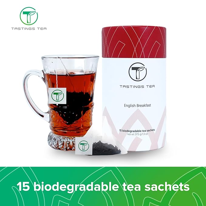 Tastings Tea English Breakfast Tea Bags - 15 Biodegradable Pyramid Sachets | Black Tea Blend with Assam & Nilgiri Flavor | Natural Caffeinated Tea