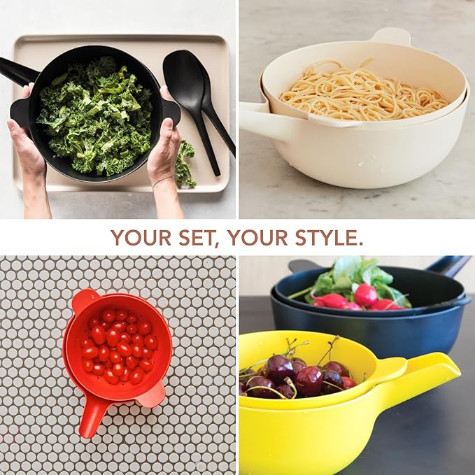 EKOBO Small Mixing Bowl and Colander Set Tomato– 60 oz BPA-Free Eco-Composite – Nesting Kitchen Mixing Bowls for Washing Mixing Serving – Compact Dishwasher Safe Kitchen Essentials