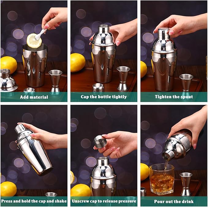4 Packs Cocktail Shaker Set Martini Shaker Bulk Stainless Steel Martini Mixer with Strainer and Double Measuring Jigger for Bar Party Home Use Wine Bar Mixing Tool(18 oz/ 550 ml)