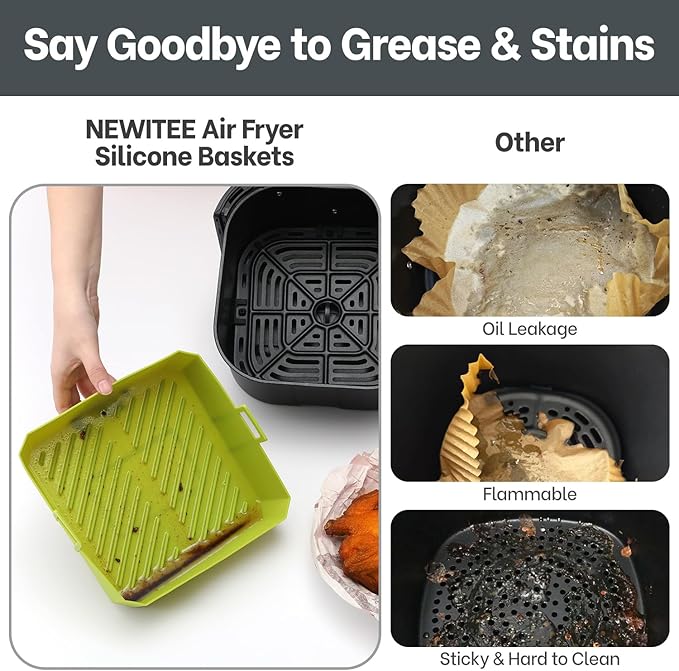 5QT Air Fryer Silicone Liners for Ninja AF141/AF142 & COSORI CAF-L501, Square Reusable Air Fryer Liners with Handle, 2 Pack BPA Free Platinum Silicone Basket, Upgrade