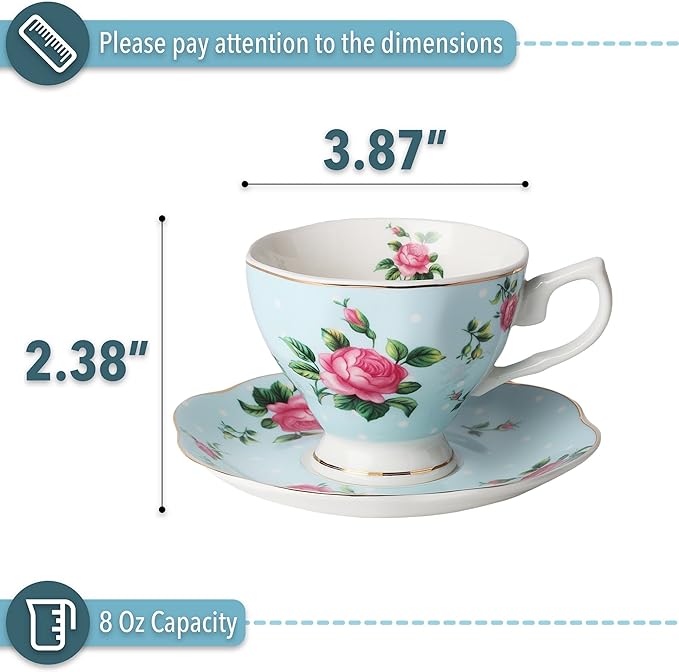BTaT- Floral Tea Cups and Saucers, Set of 2, 8oz, with Gold Trim, Coffee Cups, Floral Tea Cup Set, British Tea Cups, Porcelain Tea Set, Tea Sets for Women