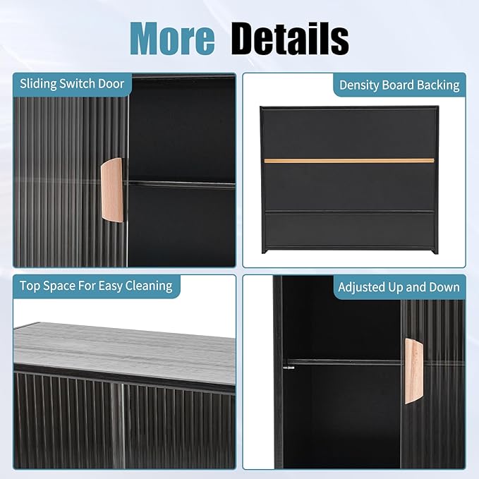 Small Bamboo Kitchen Pantry Sideboard, Freestanding Countertop Storage Cabinet with 2 Acrylic Doors Black Storage Shelf, Sliding Pantry Cabinet for Home Bar, Coffee Bar