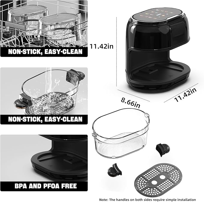 6QT All-Glass Air Fryer with 360° View - 8-in-1 Functions (Fries/Wings/Fish/Shrimp), Presets, Digital Touchscreen, Nonstick Basket, Dishwasher Safe, Extra-Long Design for Whole Fish & Asparagus