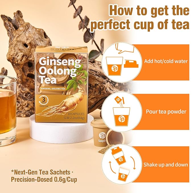 SAIPIN Ginseng Tea, 10 Pack 100% Pure Organic Ginseng Powder, No Additives, Non-GMO, Premium Instant Tea, Kidney, Energy & Immune tea for Women & Men, freeze-dried powder, Hot And Cold Soluble
