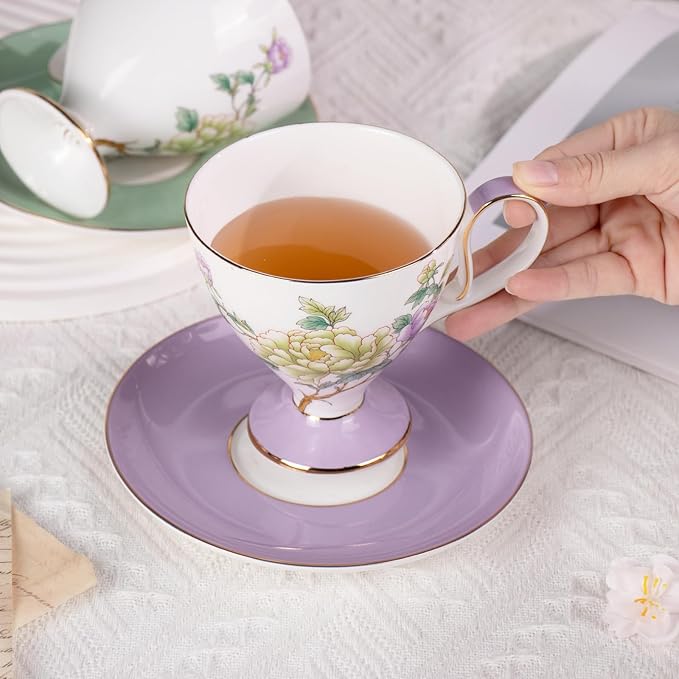 KAMMAK Ceramic Coffee Cups Saucers Set of 2, Porcelain Espresso Cups with Saucers, 8.12 oz Handcrafted Elegant Bone China Tea Cups, Purple Purple & Mint Green Flower Teacup for Party, Office, Gift