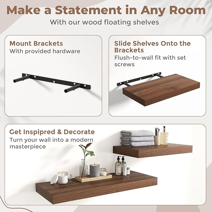36 Inch Floating Shelves for Wall Set of 2, 12"D Wood Grain Bathroom Shelves with Invisible Brackets, Easy Install Engineered Wood Storage Shelves for Kitchen, Living Room, Bedroom, Walnut Finish