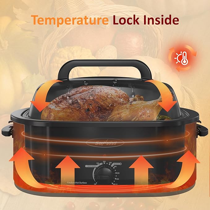 Sunvivi Electric Roaster, 24 Quart Electric Roaster Oven with Self-Basting Lid, Turkey Roaster Oven Buffet with Removable Pan, Cool-Touch Handles, Black