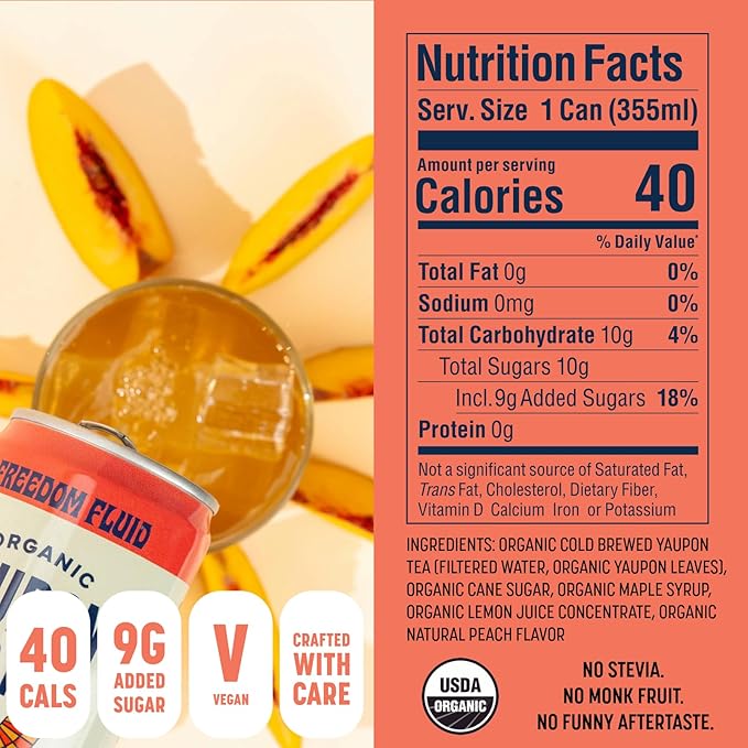 Freedom Fluid Organic Yaupon Iced Tea – Refreshing Peach | Herbal Tea Drink | Lightly Sweetened, Low Sugar, Low Calories, Real Brewed Tea, Clean Ingredients, Antioxidant Rich, Natural Caffeine, 12 Pack (12 oz cans)