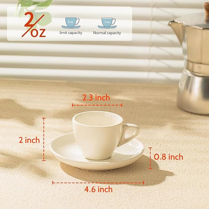 Sweese 2 Ounce Espresso Cups with Saucers, Porcelain Espresso Cups Set of 6 - White