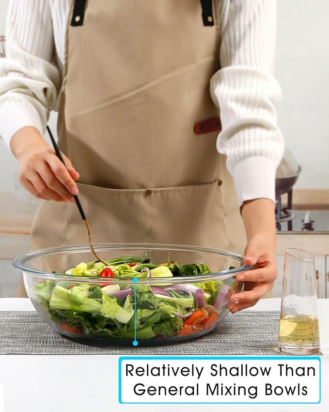 NUTRIUPS 5QT Large Tempered Glass Salad Bowl with Lid, 13 inch Clear Glass Bowls for Mixing, Prepping, Storage, Large Shallow Flat Bottom Bowl for Sourdough