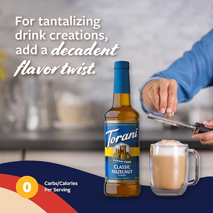 Torani Sugar Free Coffee Syrup, Classic Hazelnut Flavoring for Drinks, Zero Calorie, Pump Included, 25.4 Fl Oz