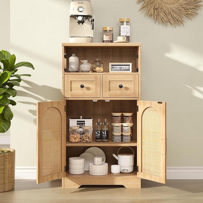 Vabches Rattan Buffet Sideboard, Boho Storage Cabinet with 2 Drawers and Adjustable Shelves, Farmhouse Coffee Bar Station Microwave Stand with Storage for Kitchen, Dining/Living Room, Natural