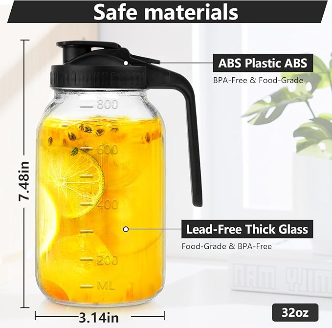 Glass Pitcher with Lid, 32 oz Glass Mason Jar Pitcher with Lid, Heavy Duty Wide Mouth Jar with Lid,Heavy Duty Container for Sun Tea, Juice, Cold Brew Coffee, Breastmilk Storage (Black)