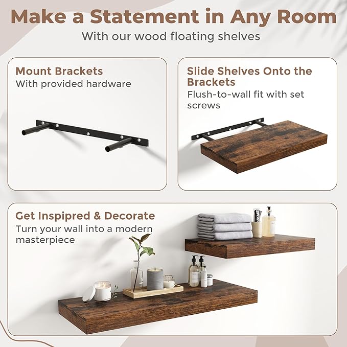 12 Inch Square Floating Shelves for Wall 2 Pack, 12"D Wood Grain Bathroom Shelves with Invisible Brackets, Easy Install Engineered Wood Storage Shelves for Kitchen, Living Room, Rustic Brown Finish