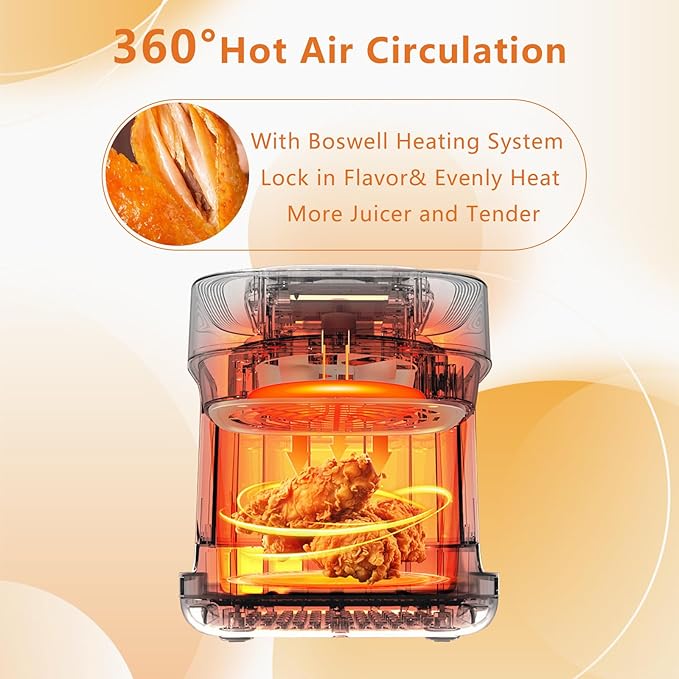 BOSWELL 4.5 QT Glass Air Fryer, 6 IN 1 Air Fryer Non-Toxic,Temperature Control, 5 Preset Menue Intelligent Panel Gray