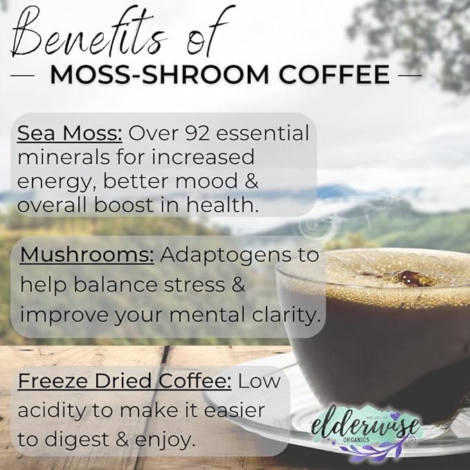 Elderwise Coffee with Mushrooms & Sea Moss - Lion's Mane, Chaga, Reishi & Cordyceps - 24 Servings - Healthy Coffee - Freeze Dried Instant - Chemical free - Fair Trade