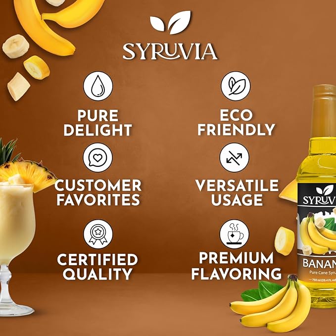 Syruvia Banana Premium Coffee Flavoring Syrup - 25.4 fl oz - Kosher Syrups, Gluten Free, No Coloring, Perfect for Drinks, Soda, Shakes, Cocktails, Desserts, and More With Pump
