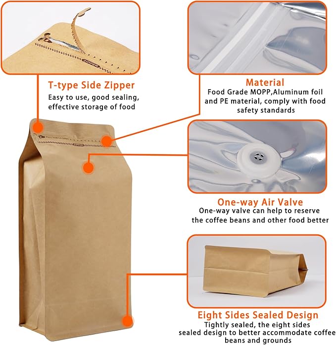Coffee Bags with Valve (50 PCS,16oz/1lb) Kraft Paper High Barrier Aluminum Foil Flat Bottom Standing Coffee Beans Storage Packaging Bags,Reusable Heat Seal Side Zipper Pouches for Small Business&Home