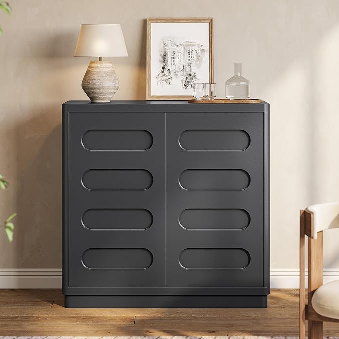 Buffet Cabinet with Storage, Arc Accent Sideboard with 2 Doors and Adjustable Shelves, Large Console Table for Dining Room, Kitchen, Living Room, Black