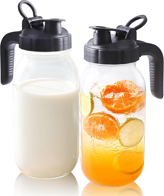 Mason Jar Pitcher 64 Oz Glass Pitcher With Pour Spout Lids Wide Mouth Airtight & Leakproof Water Pitcher 2 Quart Glass Carafe For Iced Tea, Cold Brew Coffee, Beverage, Lemonade, Juice, Milk - 2 Set