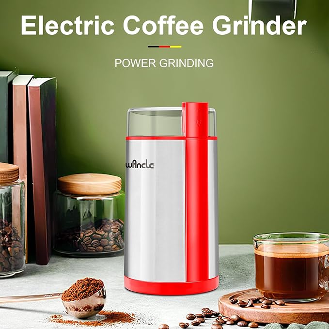 Wancle Electric Coffee Grinder, Quiet Spice Grinder, One Touch Coffee Mill for Beans, Spices and More, with Clean Brush (Red+Stainless Steel+Red)