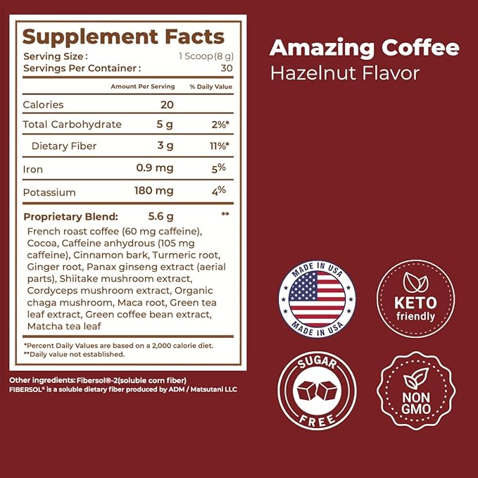 Superfoods Company | Amazing Coffee - Instant French Roast | Adaptogenic Mushrooms, Superfoods - Energy, Focus, Digestion, Immunity - 30 Servings - Hazelnut Flavor