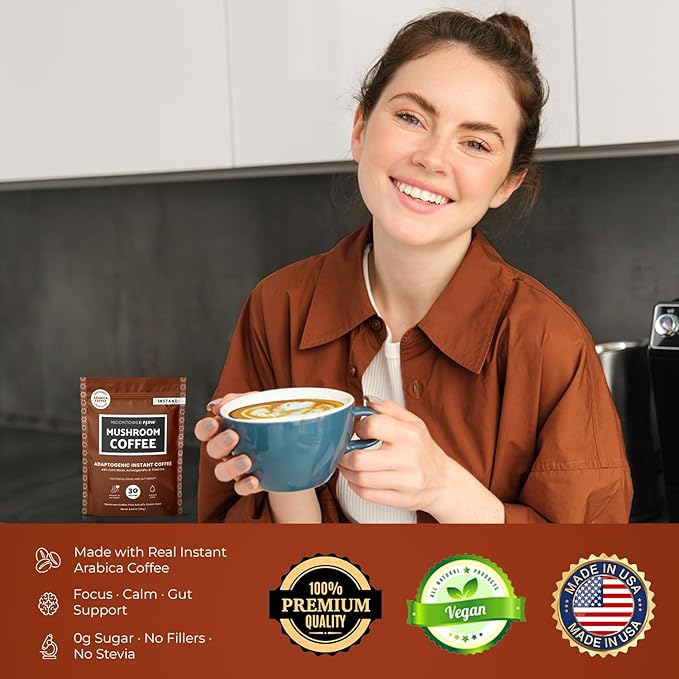 Instant Mushroom Coffee - Organic Adaptogenic Coffee Blend with Lion's Mane, Ashwagandha, L-Theanine & Prebiotic Inulin for Focus, Calm Energy & Gut Health Support - 30 Servings by Moontower