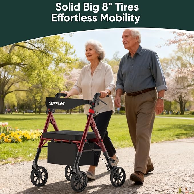 Foldable Aluminum Rollator Walkers with Cushion Seat for Senior, 16lbs Lightweight & 500 lbs Max Load, Adjustable 5-Level Seat Height & 6-Level Handles Height,8" Big Wheels,Dual Braking, Storage Bag