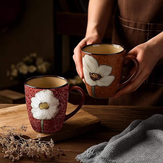 Maxdot 2 Pcs 12oz Ceramic Coffee Mugs Sets Glazing Process Cappuccino Mug Floral Ceramic Tea Cups Christmas Housewarming Idea Gift for Women Porcelain Cup for Coffee, Cocoa, Tea, Latte (Vintage)