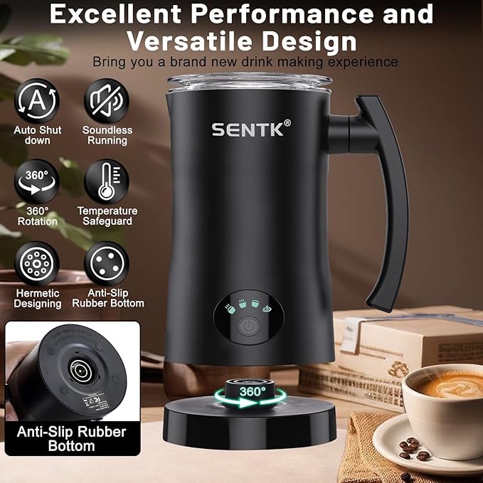 Sentk Milk Frother - 4-in-1 Electric Milk Steamer, 12.3oz/350ml Automatic Hot and Cold Foam Maker and Milk Warmer with Auto Shut-Off, Milk Frother and Steamer for Coffee, Latte, Cappuccino, Matcha