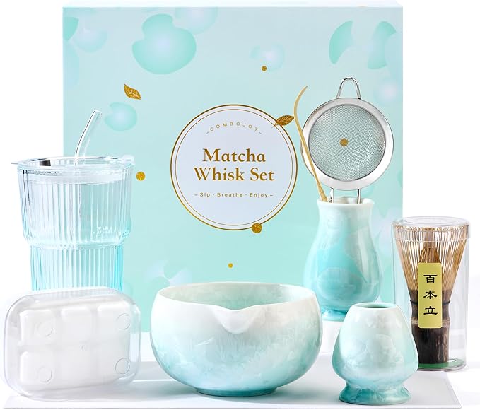 Matcha Whisk Set – Crystalline Glaze Bowl, Bamboo Whisk & Holder, Scoop & Sifter with Holder, Cup with Lid & Straw, Ice Cube Tray & Tea Towel – Blue Matcha Gift Set for Women, Christmas Gifts