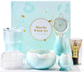 Matcha Whisk Set – Crystalline Glaze Bowl, Bamboo Whisk & Holder, Scoop & Sifter with Holder, Cup with Lid & Straw, Ice Cube Tray & Tea Towel – Blue Matcha Gift Set for Women, Christmas Gifts