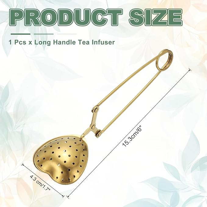 uxcell 1 Pcs Tea Infuser, Stainless Steel Loose Leaf Tea Infuser Filter for Cup and Teapot, Long Handle Tea Steeper Strainers for Tearoom Office Home, Heart Shaped Gold