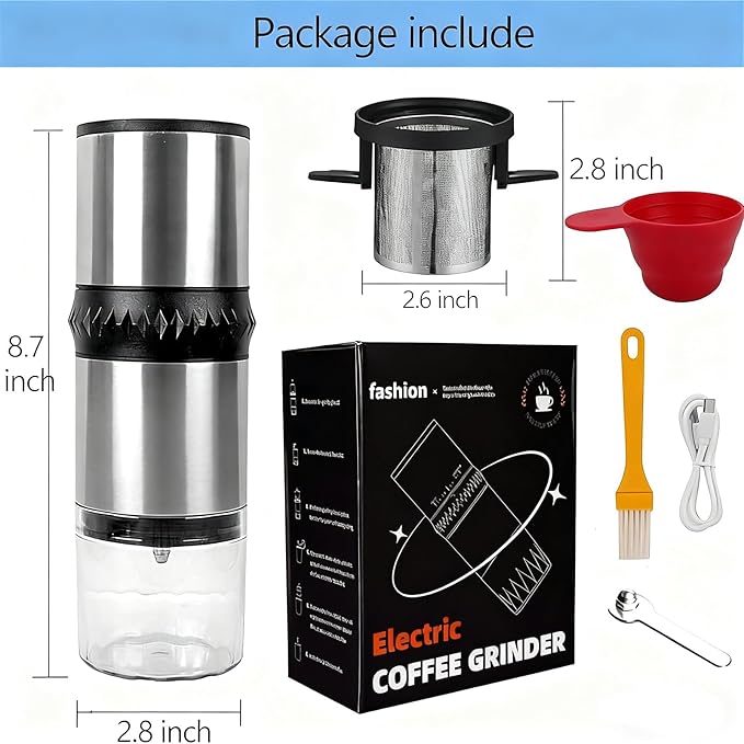 Portable Coffee Grinder,USB Rechargeable Coffee Maker,Electric Stainless Steel Burr Burr Coffee Grinders, Espresso Battery Coffee Bean Grinder Machine with 15 gind Settings for Home Use(Black9109)