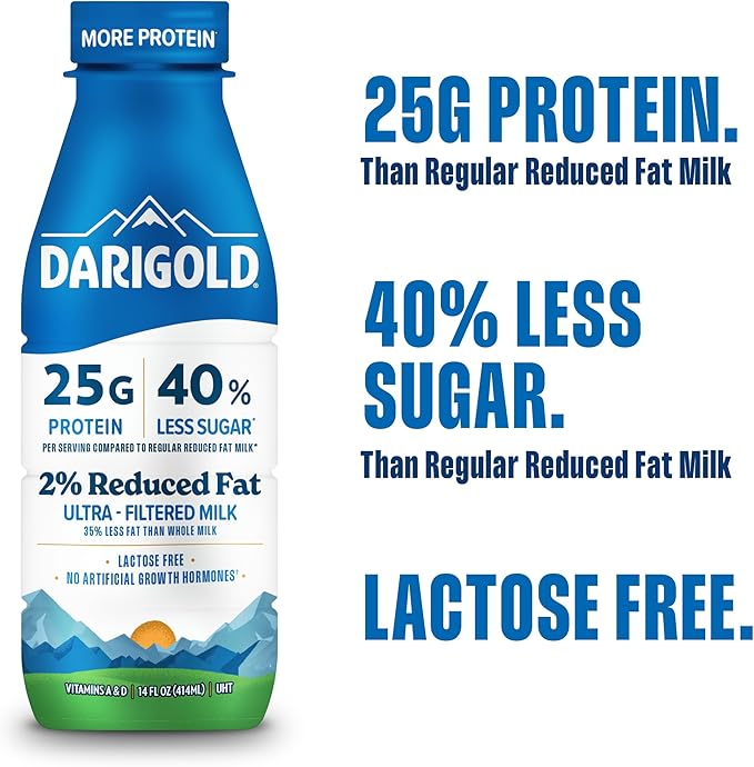 Darigold FIT High Protein Milk 2 Percent - Ultra-Filtered, Low Fat, Lactose Free - 25g Protein, 40% Less Sugar - 14oz Bottles, 12 Pack (White Milk)