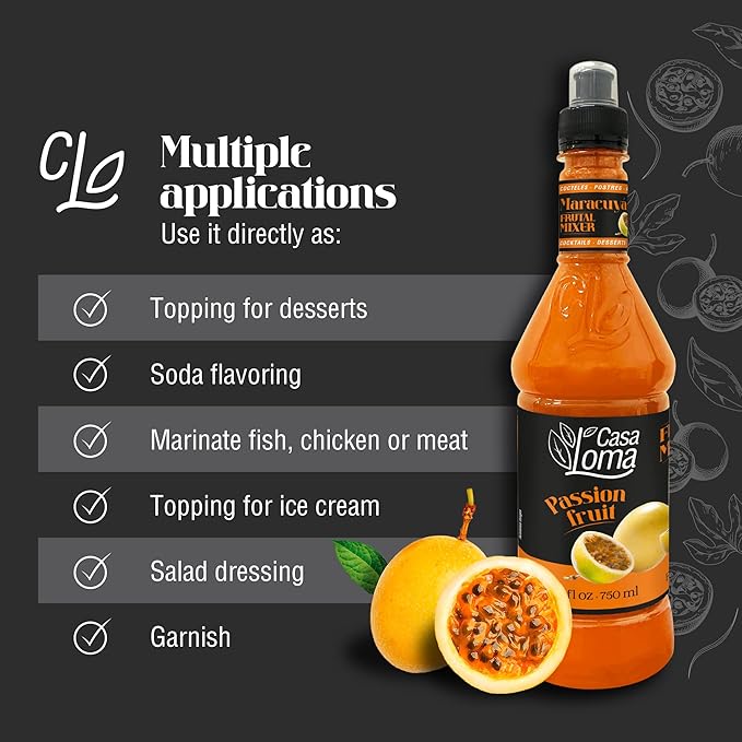 Casa Loma Premium Passionfruit Syrup – 750 ml Authentic Colombian Gourmet Artisan Crafted Syrup Sauce for Beverages, Desserts, Cooking & Mixology, Made with Real Fruit, Vegan, Non-GMO, and Gluten-Free