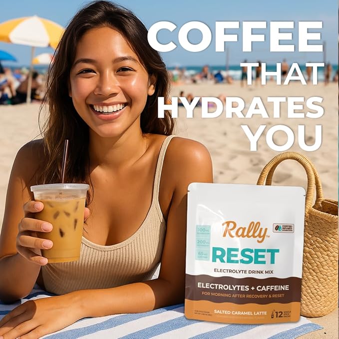 Rally Reset Instant Coffee Packets – Salted Caramel Latte Mix with MCT Oil, Caffeine, Vitamin B12 & Vitamin C – Functional Single-Serve Coffee Sticks, Low Sugar | 24 Sticks