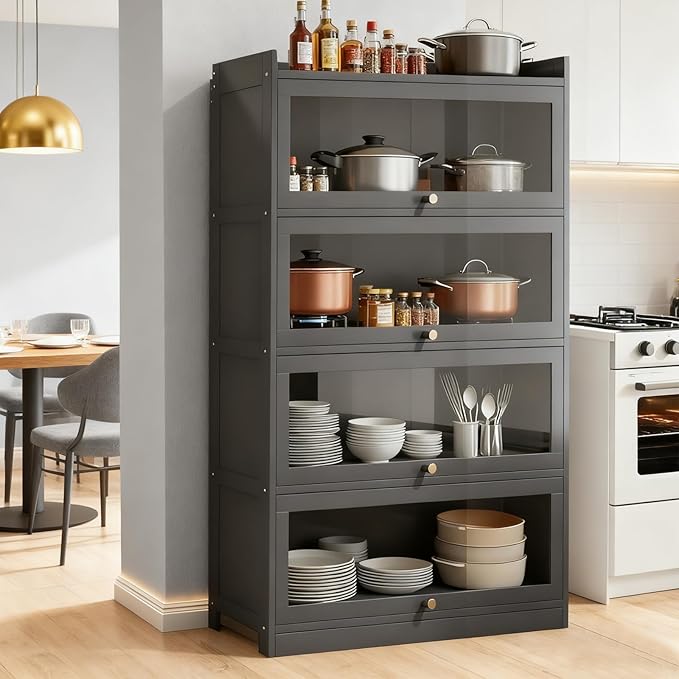Kitchen Pantry Cabinet, Kitchen Storage Cabinets with Door, 55" Tall Pantries Cabinet & Cupboard for Kitchen, Dining Room, Living Room, Bamboo, Grey