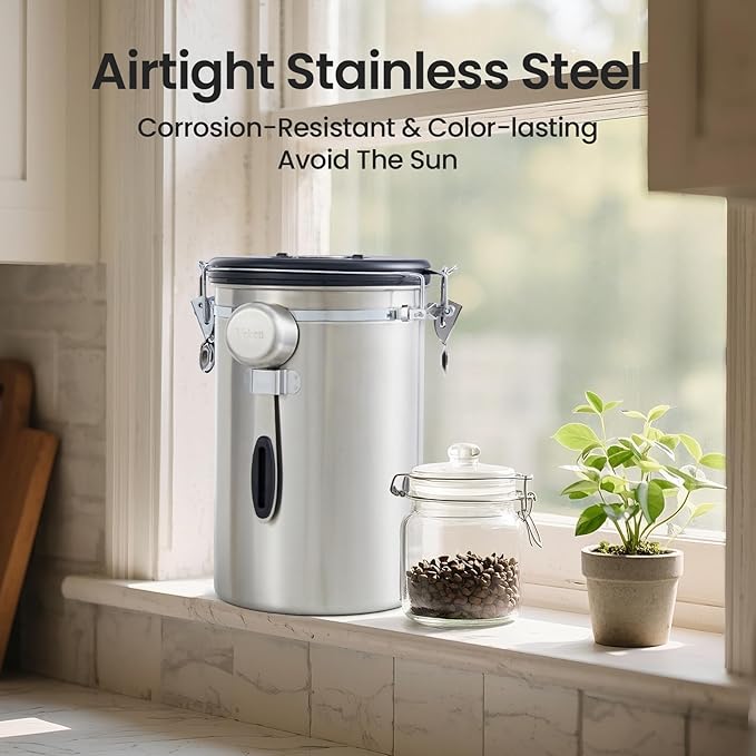 Veken Coffee Canister, 39OZ Large, Airtight Stainless Steel Food Storage Container for 2.2lbs Coffee Beans, Ground, Sugar, Tea, Flour, Cereal, Kitchen Bar Accessories with Date Tracker & Scoop, Silver