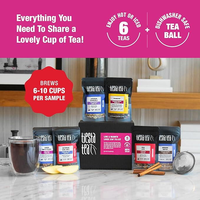 Tiesta Tea - Love & Warmth Loose Leaf Tea Gift Set, Loose Leaf, 6-Flavor Premium Variety Pack with Ball Strainer for Steeping, Brewing, and Enjoying, Valentines Day Assortment to Make Hot or Iced