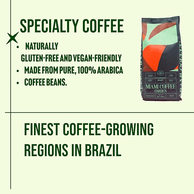 Miami Coffee Garden Sunshine Roast, Brazilian Premium Coffee, Rich and Balanced, 100% Arabica Beans, Low Acid, Single Origin Finest Coffee, Whole Beans, 2 Lb Bag