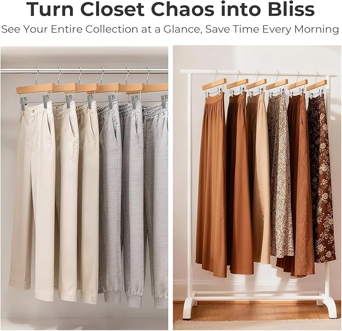 HOUSE DAY Premium Wooden Pants Hangers 50 Pack, Solid Lotus Wood Skirt Hangers with 2-Adjustable Clips, Heavy Duty & Anti Slip Wood Bottom Hanger for Slacks, Jeans, Trousers, Shorts (Natural)