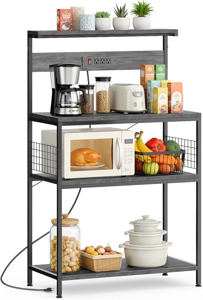 Sweetcrispy Kitchen Bakers Rack with Power Outlet, Coffee Bar Table 4 Tiers, Microwave Oven Stand Station, Adjustable Storage Shelf for Spices, Freestanding Appliance Organizer - 31.5 Inch, Gray