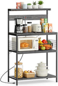 Sweetcrispy Kitchen Bakers Rack with Power Outlet, Coffee Bar Table 4 Tiers, Microwave Oven Stand Station, Adjustable Storage Shelf for Spices, Freestanding Appliance Organizer - 31.5 Inch, Gray