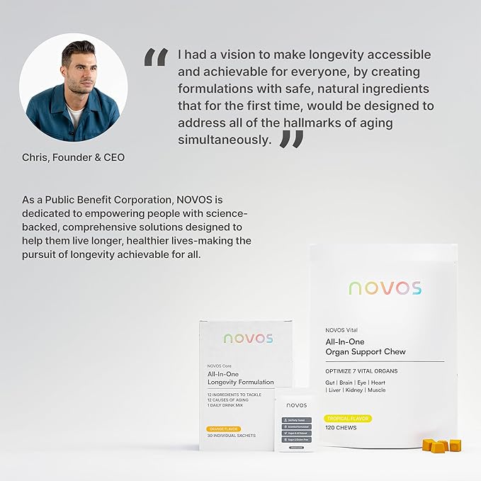 NOVOS Core Longevity Mix, Anti-Aging Supplement, Drink Powder Packet Orange Flavor - Skin Support, Energy, Mood, Sleep and Cognition Support - 30 Servings