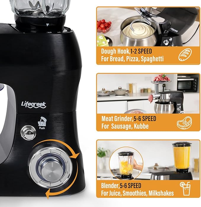 6-in-1 Multifunctional Stand Mixer, 5.3Qt 660W, 6-Speed Tilt-head, Electric Kitchen Mixer with Stainless Steel Bowl,Meat Grinder, Juice Blender (Black)