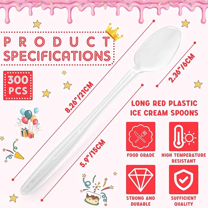 300 Pcs Extra Long Spoons for Ice Cream Floats Plastic Sundae Spoons Bulk 8 Inch Long Handle Spoon Heavy Duty for Ice Cream Milkshakes Tea Cocktails Root Beer Float and Tall Beverages (Clear)