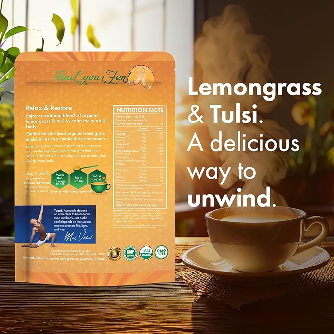 MoreLife Market Cozy Calm Tea | Herbal Infusion with Lemongrass, Tulsi & Licorice | Supports Meditation, Relieves Vata & Pitta | Ayurvedic Tea for Relaxation & Gut Balance - 8oz (230g)