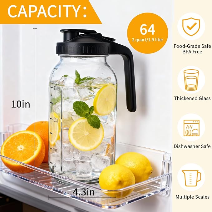 3 Pack 64oz Mason Jar Pitcher with Lid – Wide Mouth, Leakproof glass water jug, Breast Milk Pitcher for Juice, Milk, Tea, Cold Brew Coffee（3 black）