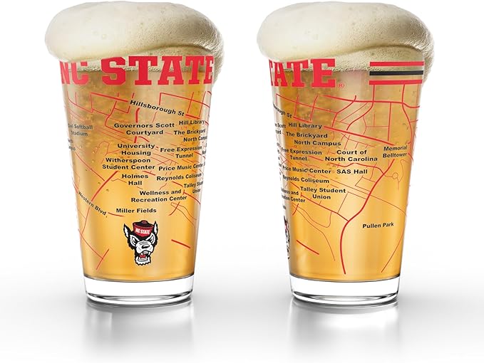 Greenline Goods – North Carolina State University Wolfpack College Pint Beer Glasses (Set of 2), 16 oz – Full-Color Logo + Campus Map